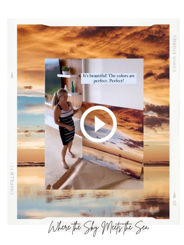 Unboxing Instagram Reel of "Where the Sky Meets the Sea" sunset canvas print at Angel del Mar in Tamarindo, Costa Rica.