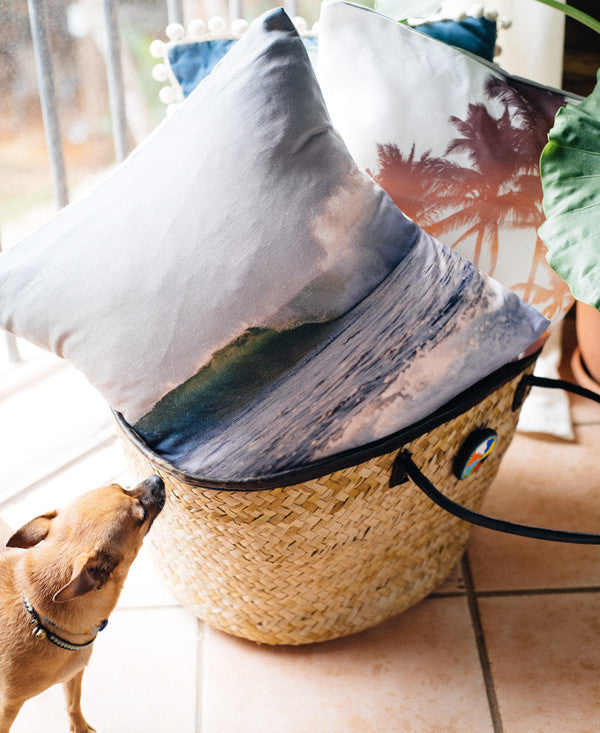 Turquoise breaking wave in Costa Rica. Dreaming of Waves throw pillow printed on linen fabric. Photographed by Kristen M. Brown, Samba to the Sea for The Sunset Shop.