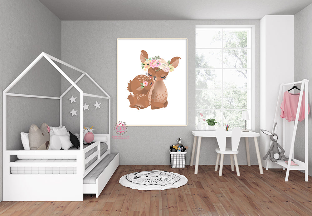 Ethereal Deer Baby Girl Nursery Wall Art Print Boho Floral ...