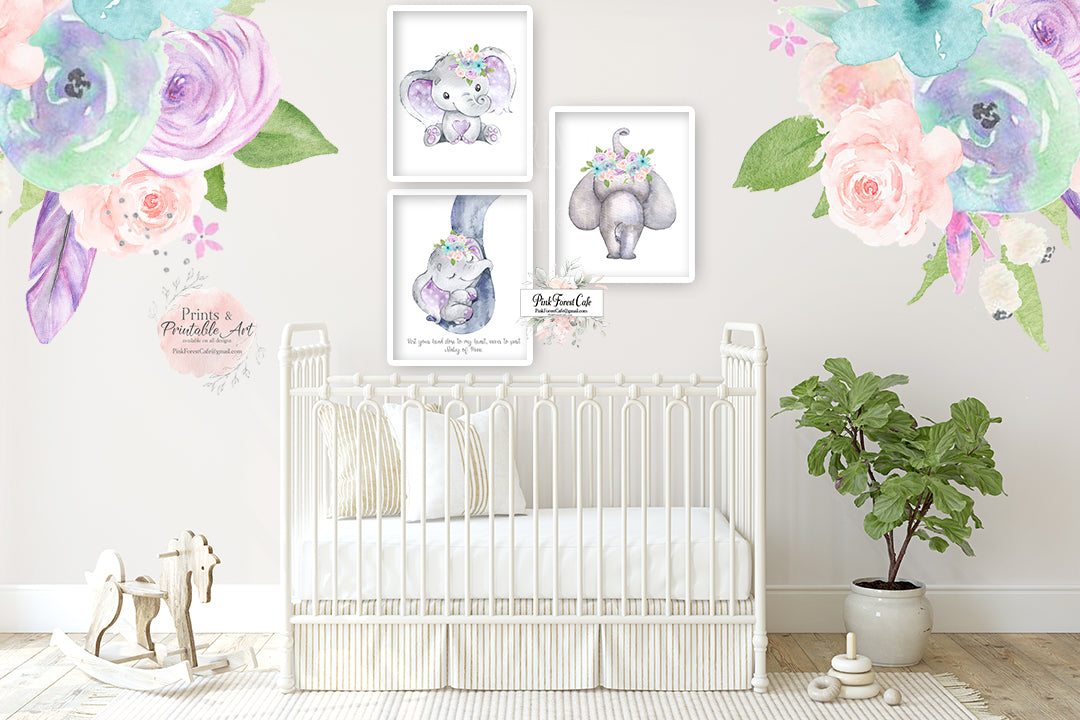 3 boho purple peony elephant wall art print feather nursery dumbo quot pink forest cafe