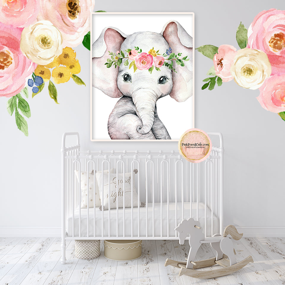 Boho Elephant Wall Art Print Nursery Baby Girl Room Floral Bohemian Wa ...