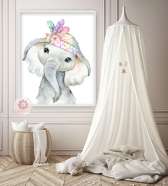 Boho Elephant Wall Art Print Feather Nursery Baby Girl Room