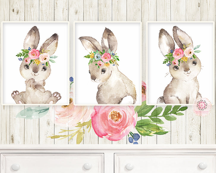 3 Boho Bunny Rabbit Wall Art Print Woodland Nursery Baby ...