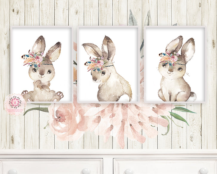 Download 3 Boho Bunny Rabbit Wall Art Print Woodland Feather ...
