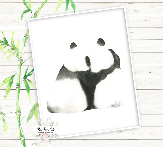 Boho Panda Bear Couple Wall Art Print Nursery Black White Watercolor P Pink Forest Cafe