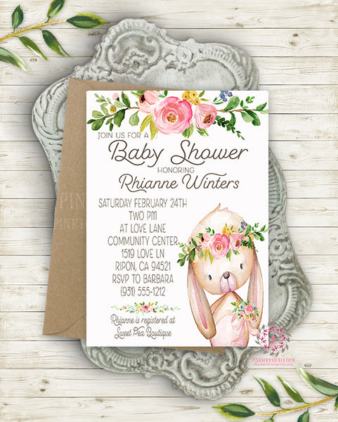 Woodland Bunny Rabbit Invite Invitation Baby Shower Boho Floral Waterc ...