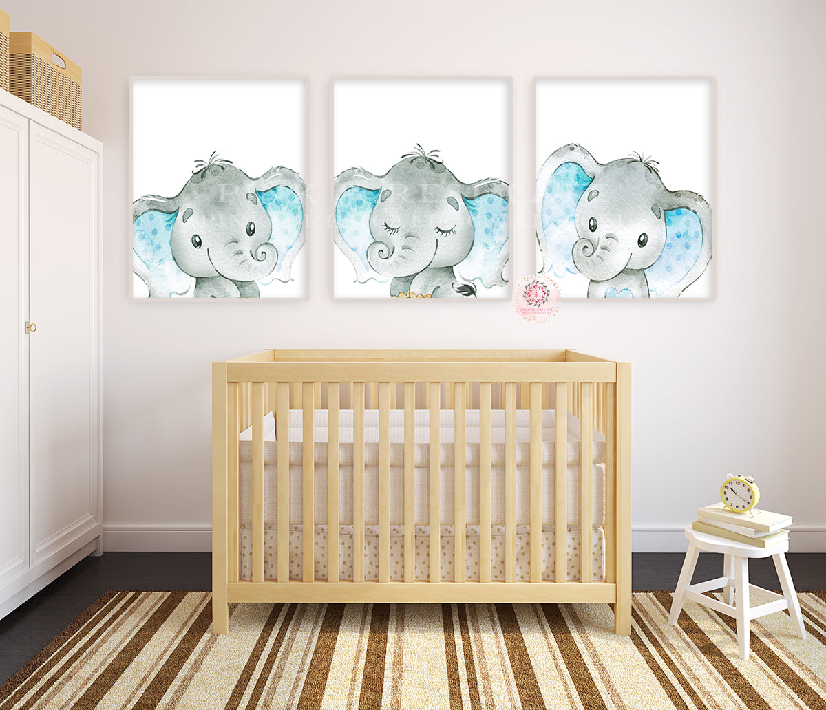 3 Elephant Wall Art Print Baby Boy Nursery Whimsical Zoo Safari Animal - Pink Forest Cafe