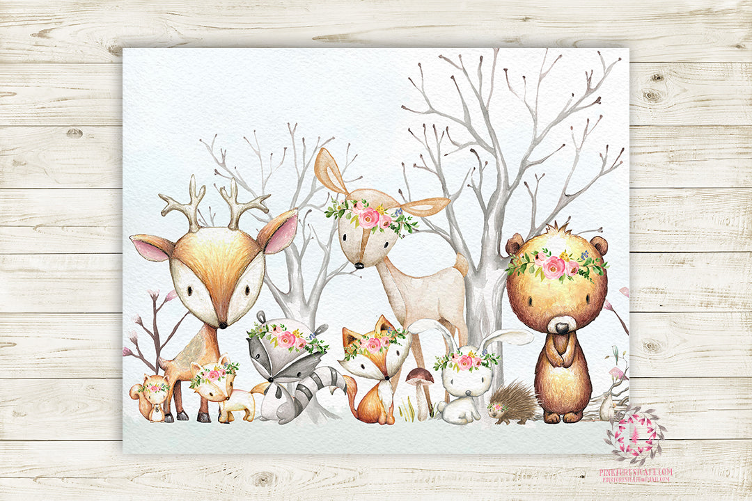 Printables for Girls Room Decor Woodland Animals Wall Art Print Boho Floral Deer Bunny Fox 