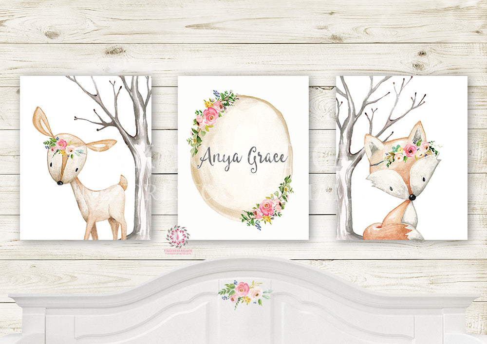 3 Deer Fox Personalized Baby Name Birth Stats Wall Art Print Printable – Pink Forest Cafe