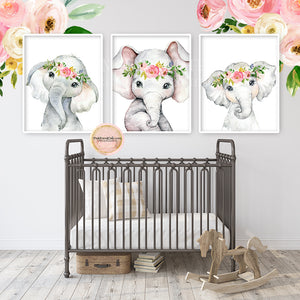 3 Boho Elephant Wall Art Print Nursery Zoo Baby Girl Room Floral Bohem ...