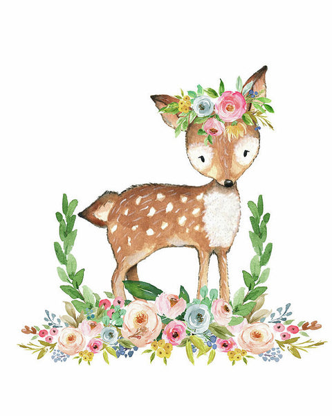 Boho Woodland Baby Girl Nursery Deer Floral Watercolor Wall Art Print ...