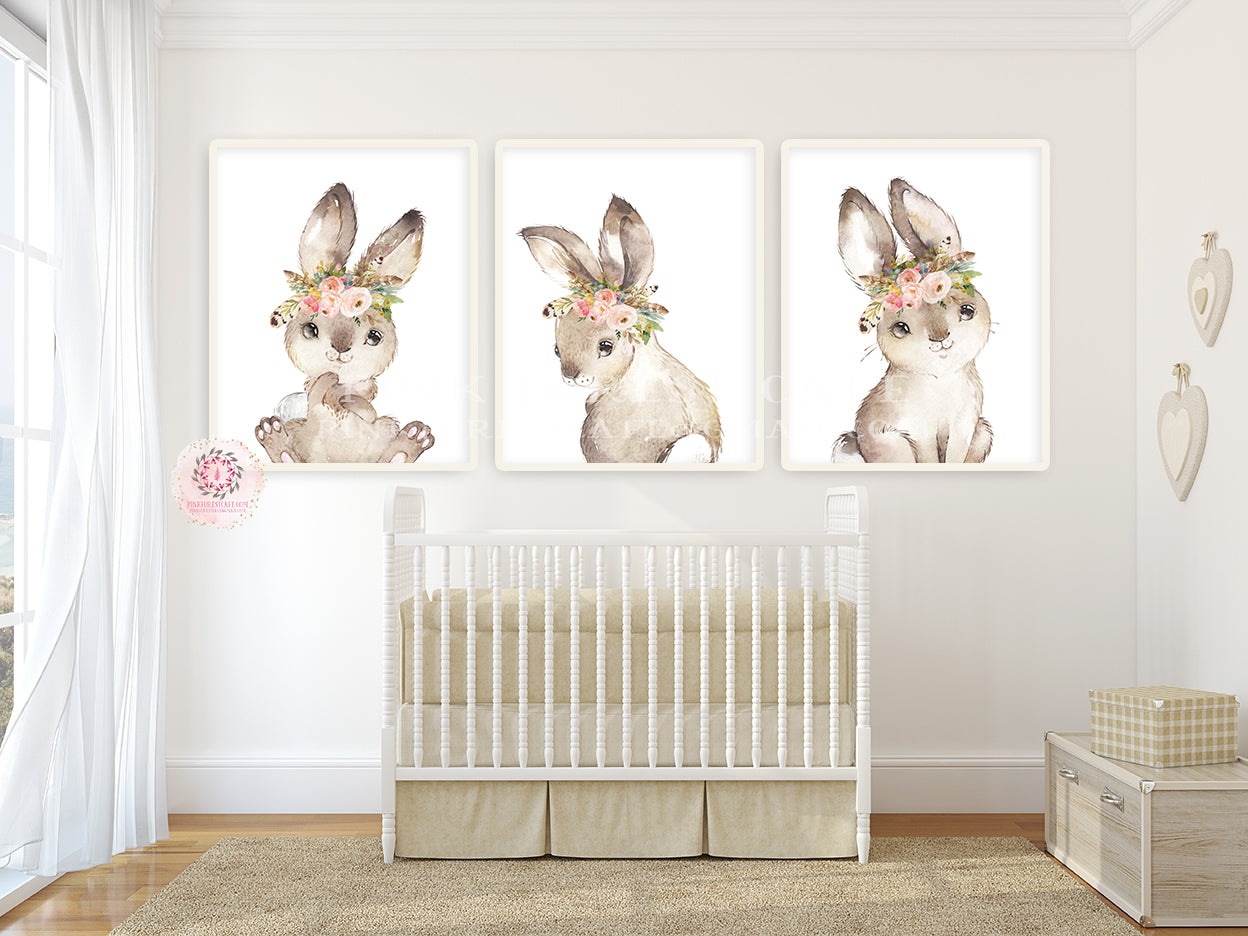 3 Boho Bunny Rabbit Wall Art Print Woodland Feather Nursery Baby Girl Pink Forest Cafe