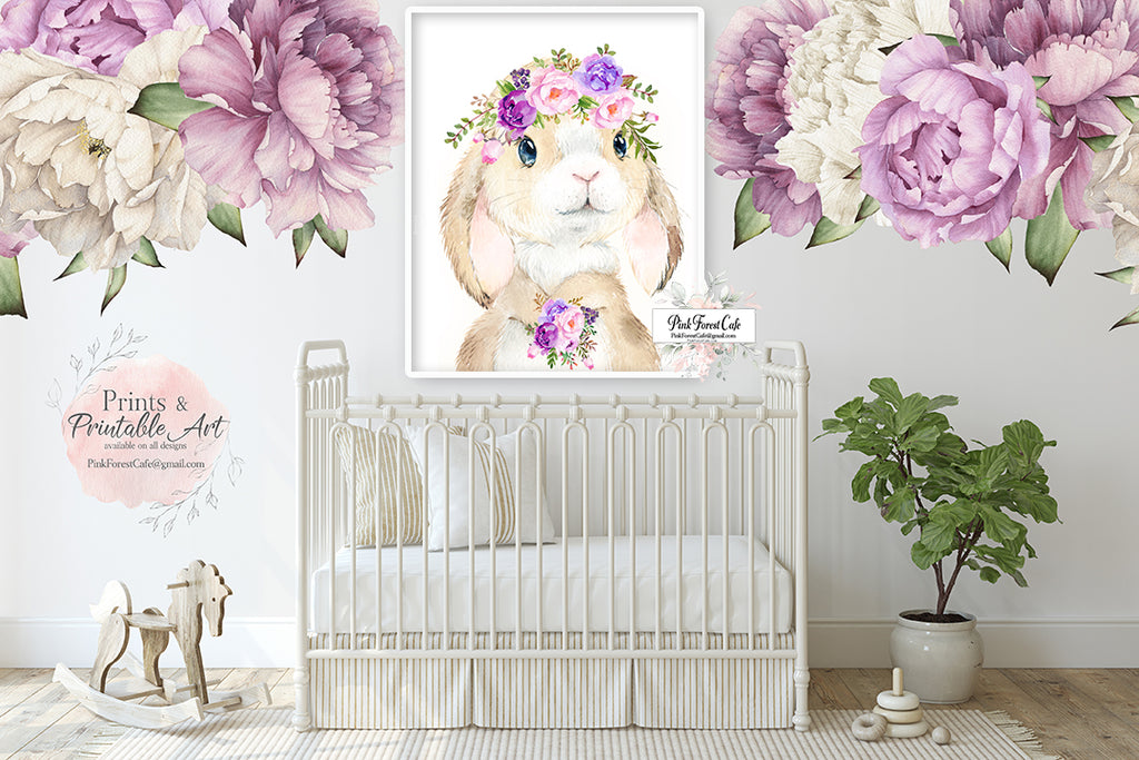 Boho Purple Blush Bunny Rabbit Wall Art Print Woodland Nursery Baby Gi