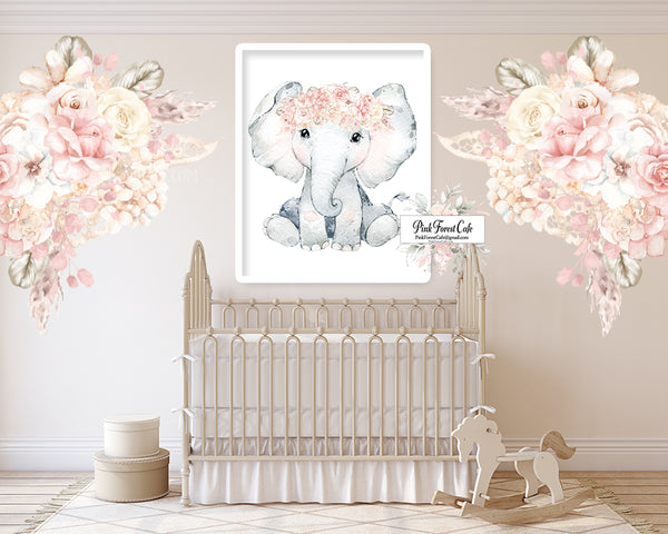 Boho Blush Elephant Wall Art Print Feather Lace Nursery Zoo Baby Girl ...