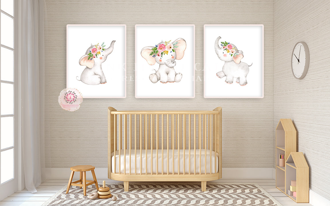 3 Boho Elephant Wall Art Print Baby Girl Nursery Pink Yellow