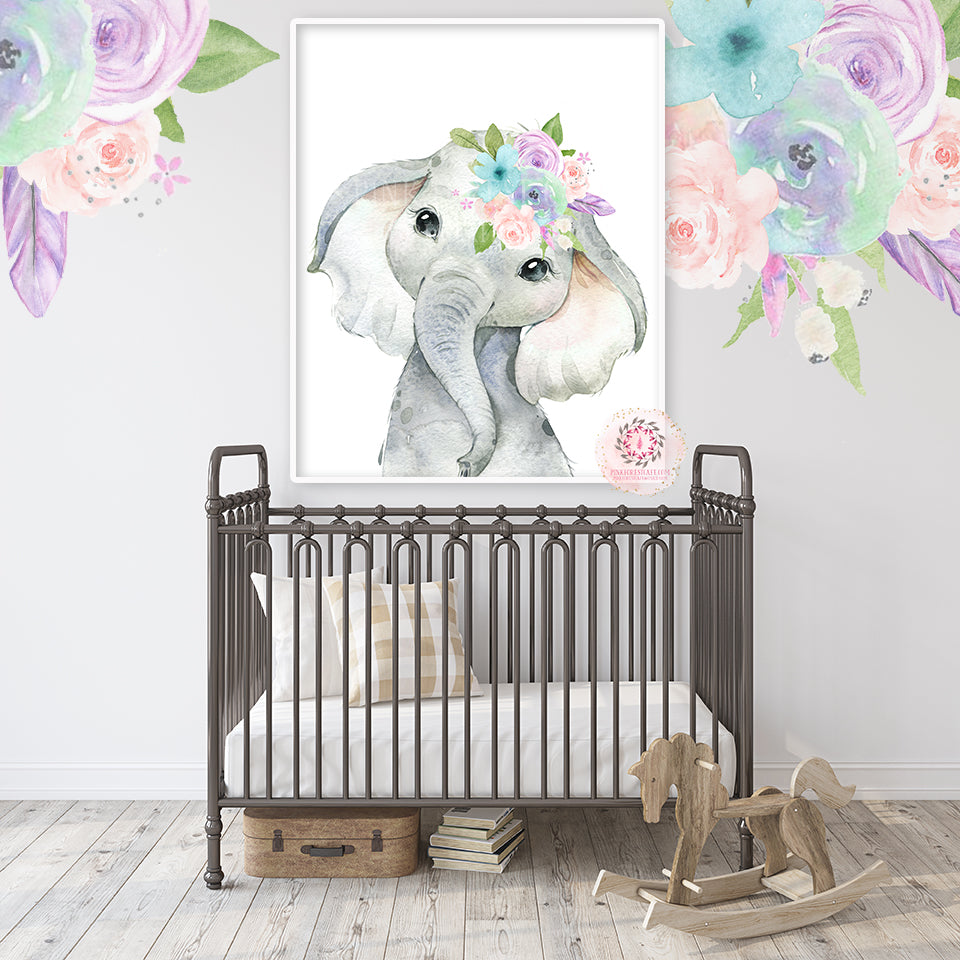 Boho Elephant Wall Art Print Nursery Baby Girl Room Purple ...