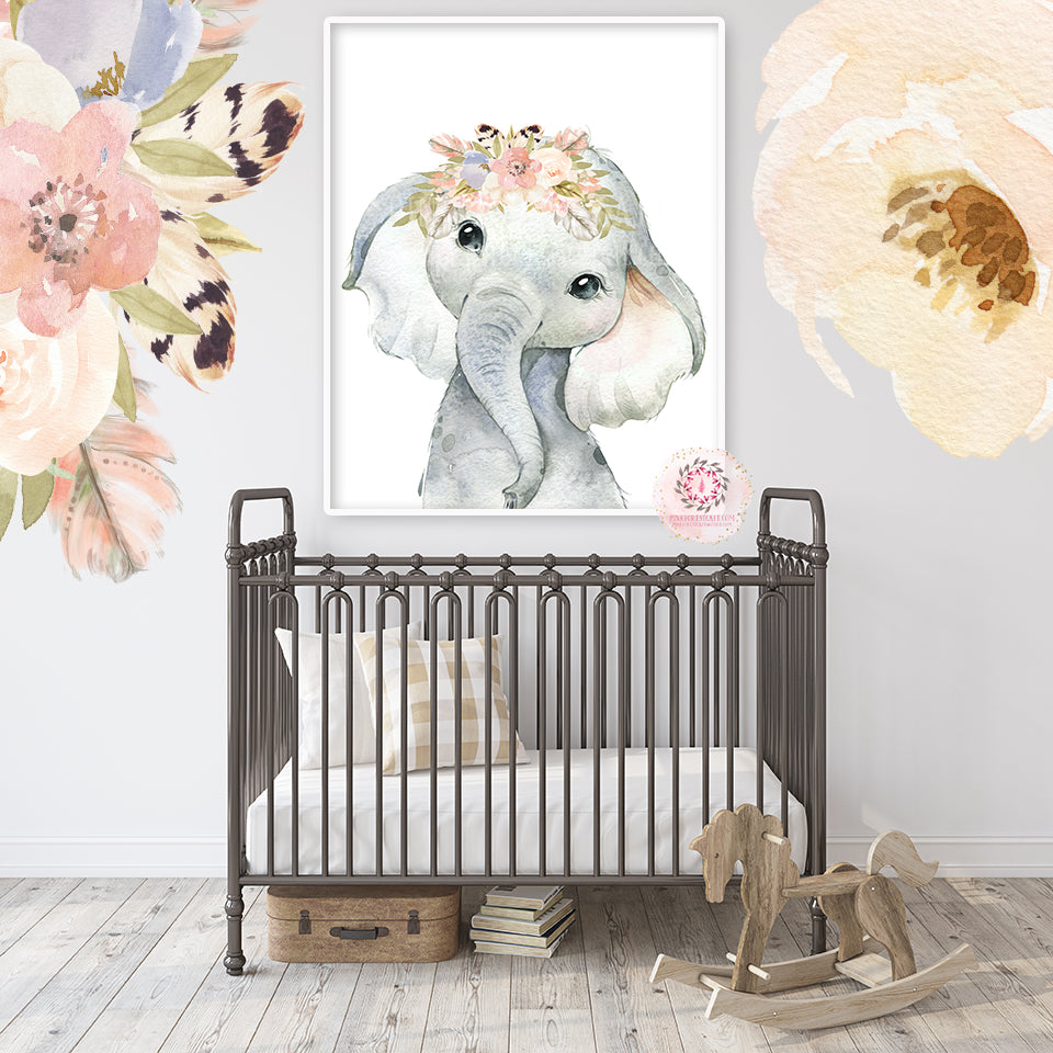 Boho Elephant Wall Art Print Nursery Baby Girl Room Feather Floral