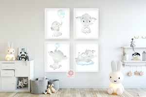 4 Boy Elephant Wall Art Print Nursery Baby Room Balloon Watercolor Printable Decor