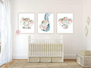 3 Boho Elephant Wall Art Print Baby Girl Nursery Whimsical Zoo