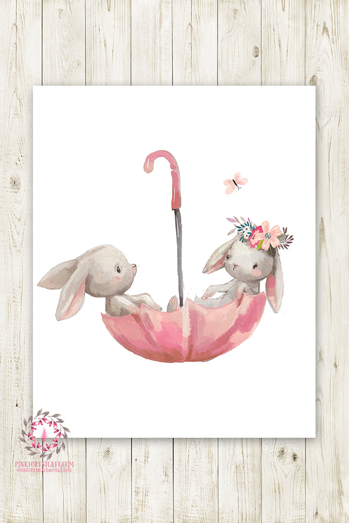 Umbrella Bunnies Bunny Rabbit Wall Art Print Boho Girl ...