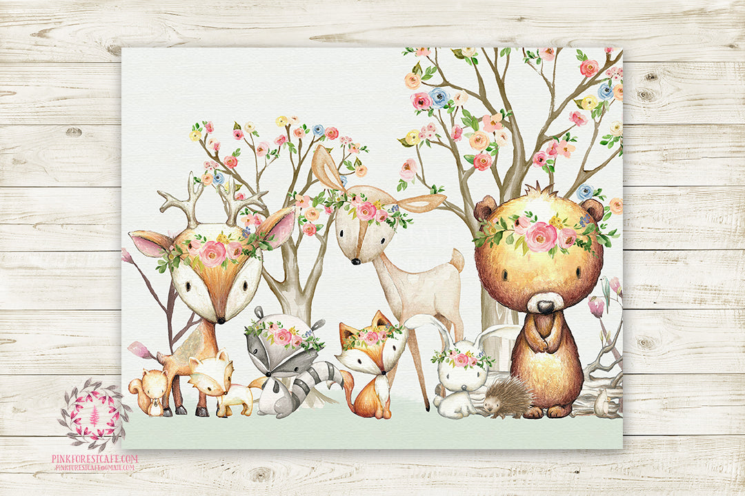 Woodland Animals Wall Art Print Boho Deer Bunny Fox Bear Hedgehog Bohe Pink Forest Cafe