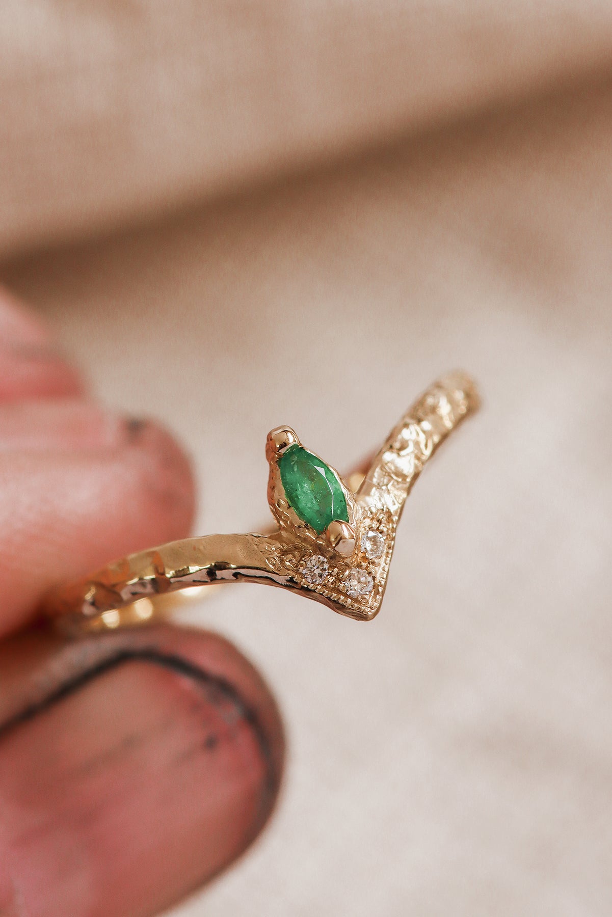 emerald-marquise-ring-hammered-chevron-band-diamond-milgrain-3