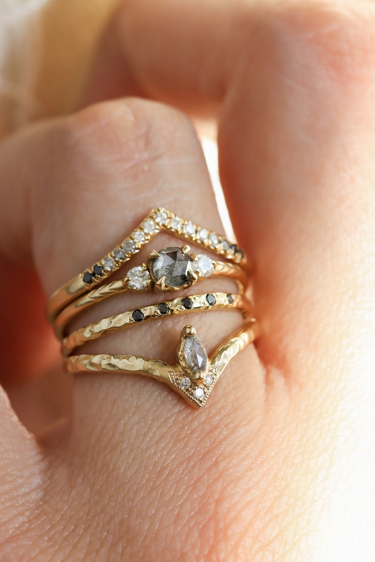 rose-cut-salt-pepper-diamond-marquise-ring-with-textured-band-and-ombre-diamond-salt-pepper-diamond-chevron-ring