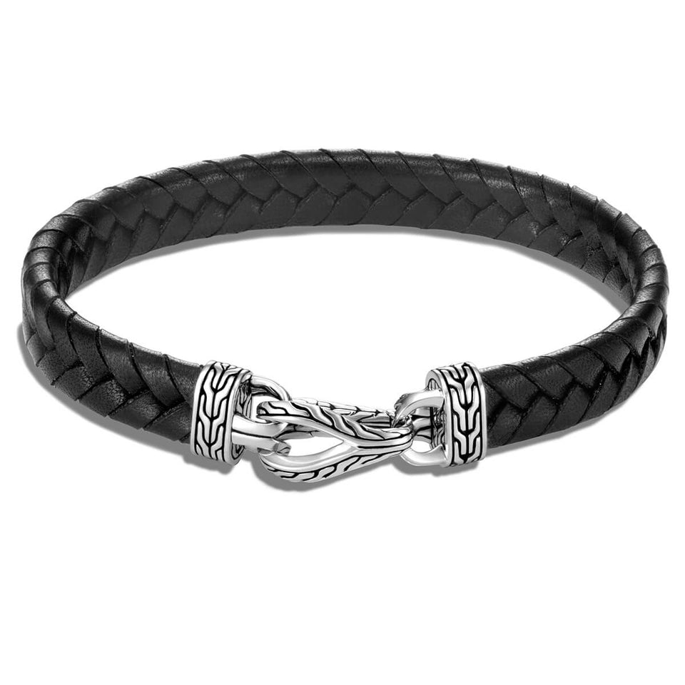 John Hardy Flat Woven Black Leather Mens Bracelet w/ Silver Asli Link