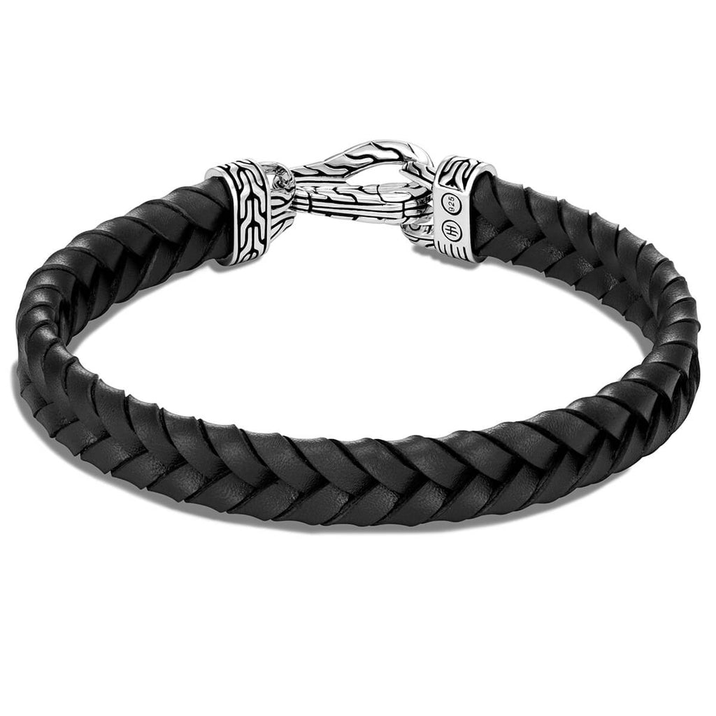 John Hardy Flat Woven Black Leather Mens Bracelet w/ Silver Asli Link