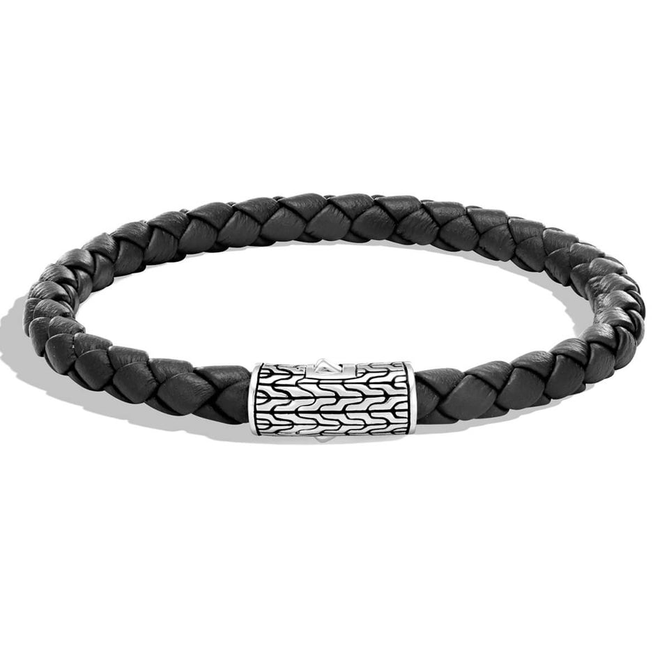 John Hardy Mens Black Braided Leather Bracelet with Silver Station