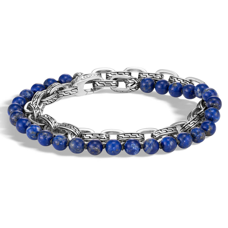 John Hardy Mens Blue Lapis Lazuli Bead and Silver Double Wrap Bracelet