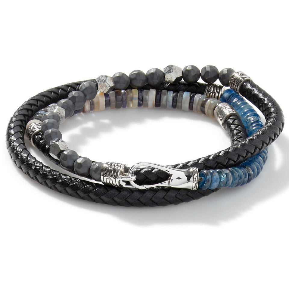 John Hardy Mens Triple Wrap Black Leather and Multi-Bead Bracelet