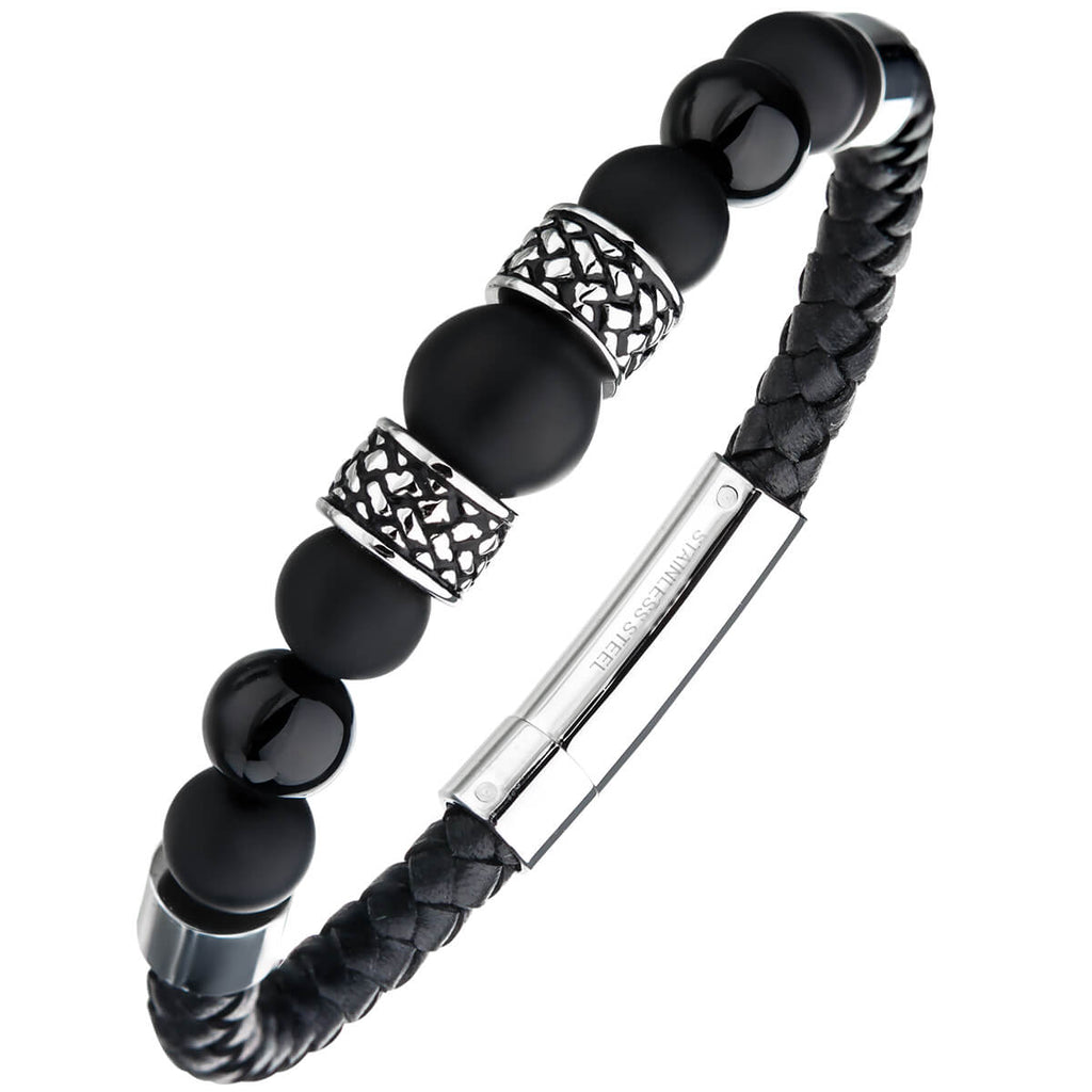 THE DIVIDE Black Onyx and Leather Bracelet for Men w/ Stainless Steel