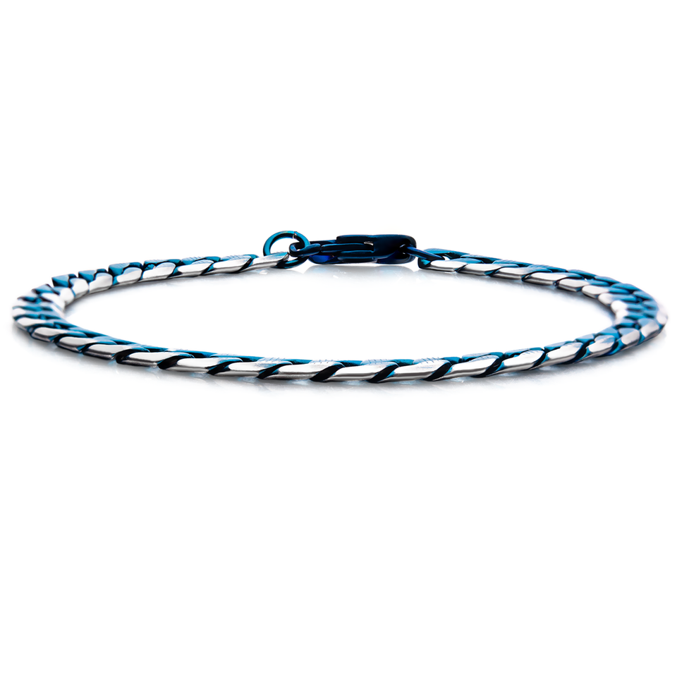 BLUE EON Blue Tinted Steel Flat Curb Link Mens Bracelet