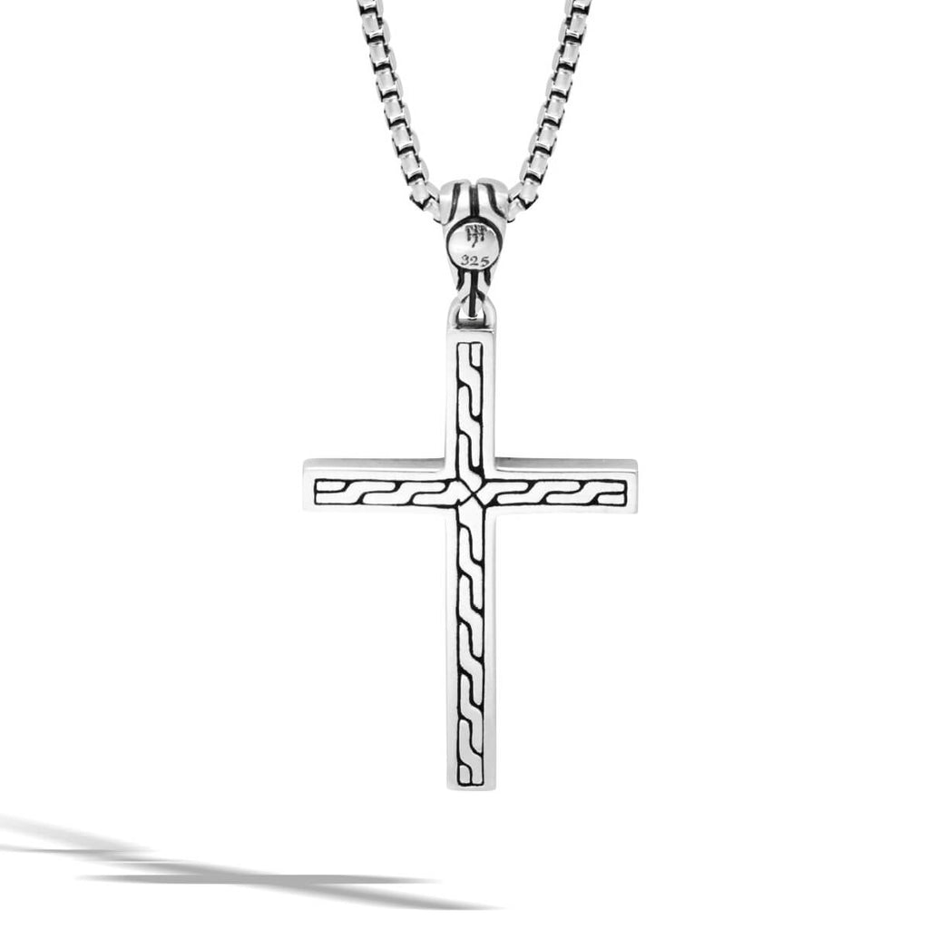 John Hardy Mens Jawan Technique Motif Silver Cross Chain Necklace