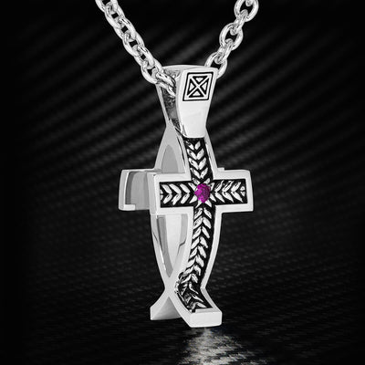 Ecks 2-in-1 Jesus Fish Modern Cross Silver Mens Necklace