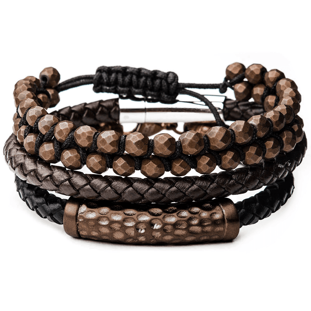 MOCHA Mens Bracelet Stack Brown Leather and Steel with Hematite Beads