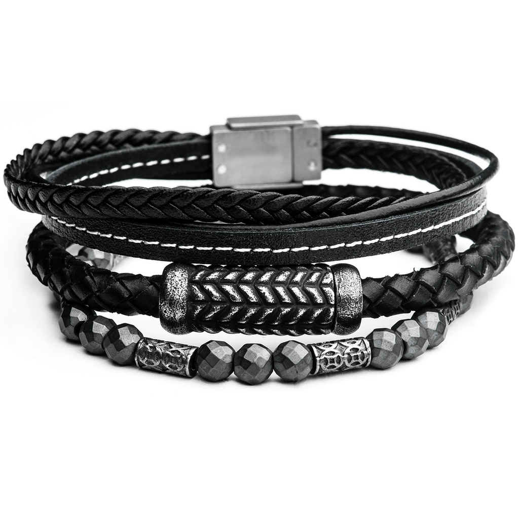STONEWORK Black Leather Mens Bracelet Stack with Steel and Hematite