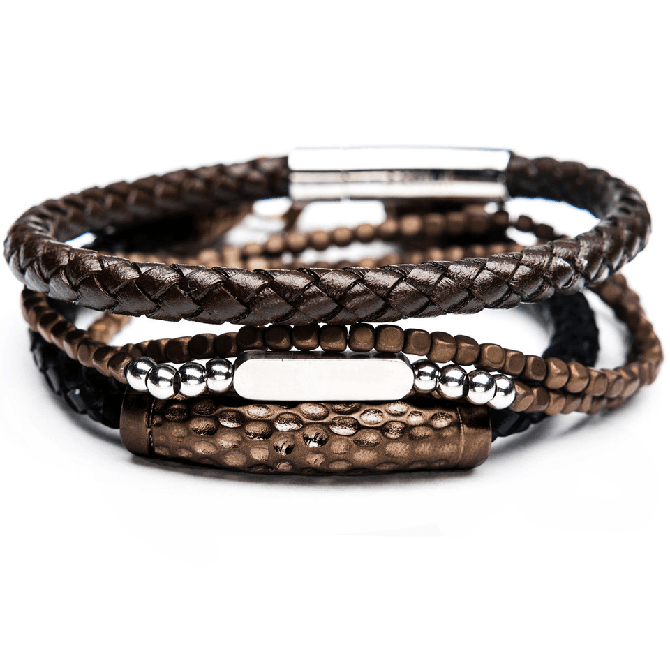 CACAO Mens Bracelet Stack with Brown Leather and Cappuccino Steel