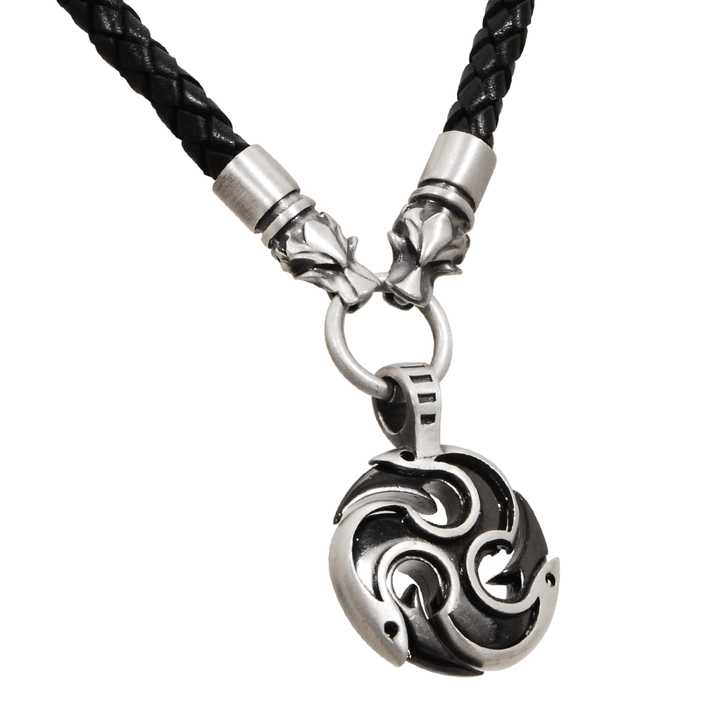 DIABLO WOLF Gunmetal and Silver Triple Yang Leather Mens Necklace