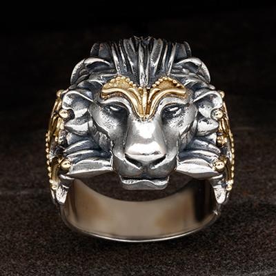 Konstantino Greek Myth Lion Head Ring in Silver and Gold