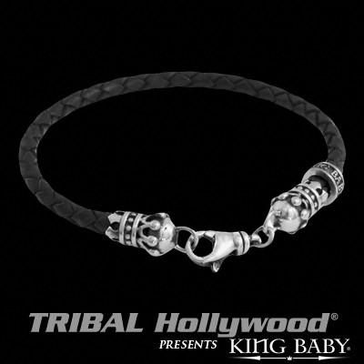 Braided Mens Bracelet DOUBLE HAMLET SKULL in Black Leather by King Baby