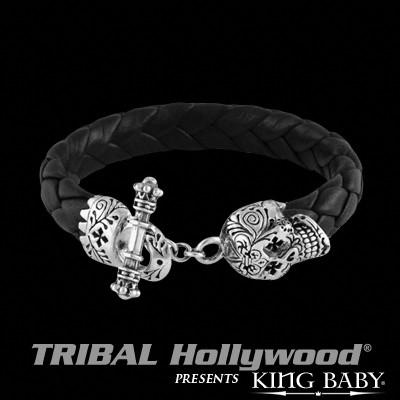 DRAGON Large Braided Leather Bracelet with Silver Dragon by King