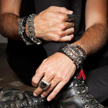 Braided Mens Bracelet DOUBLE HAMLET SKULL in Black Leather by King Baby