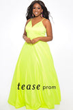 TE2037 plus size Mikado satin prom dress is bright highlighter colors such as yellow, purple and watermelon. V-neckline with adjustable spaghetti straps, full A-line skirt with pockets.