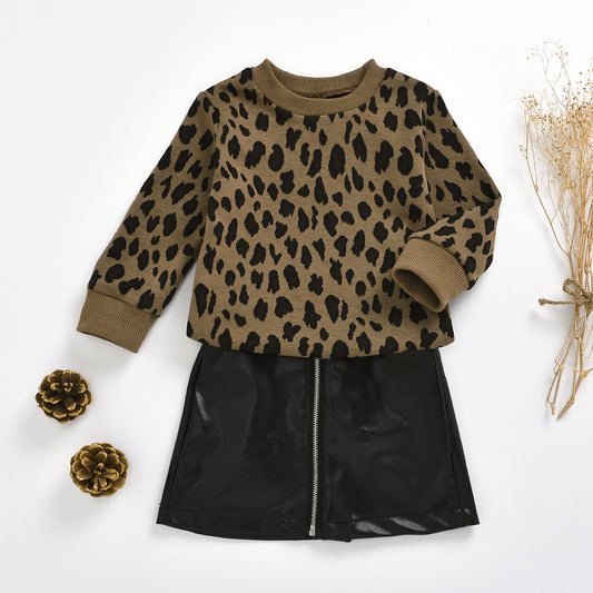 Bookoo Babies Linwood Leopard Sweater + Leather Skirt Outfit