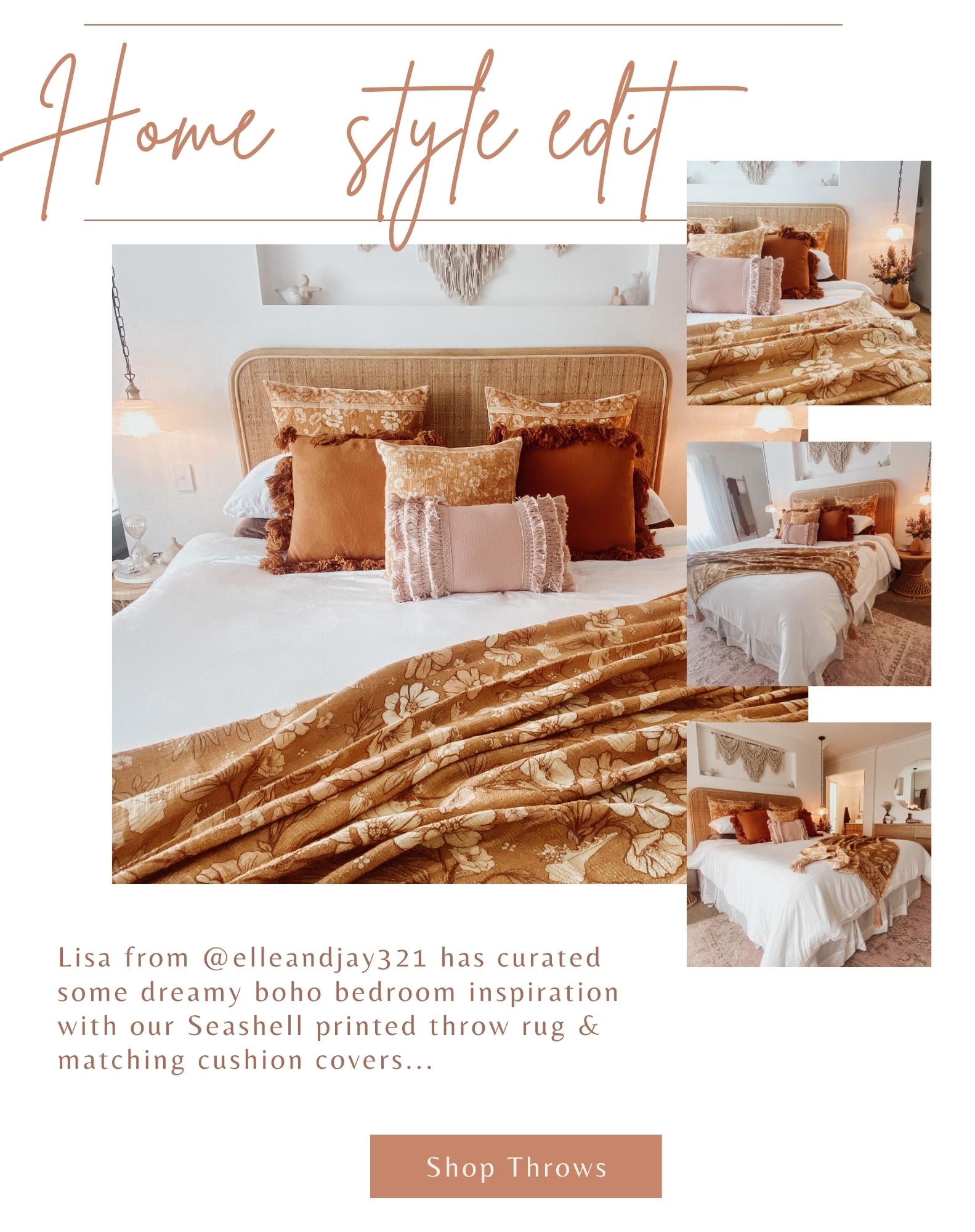 Lisa from @elleandjay321 has curated some dreamy boho bedroom inspiration with our Seashell printed throw rug & matching cushion covers...