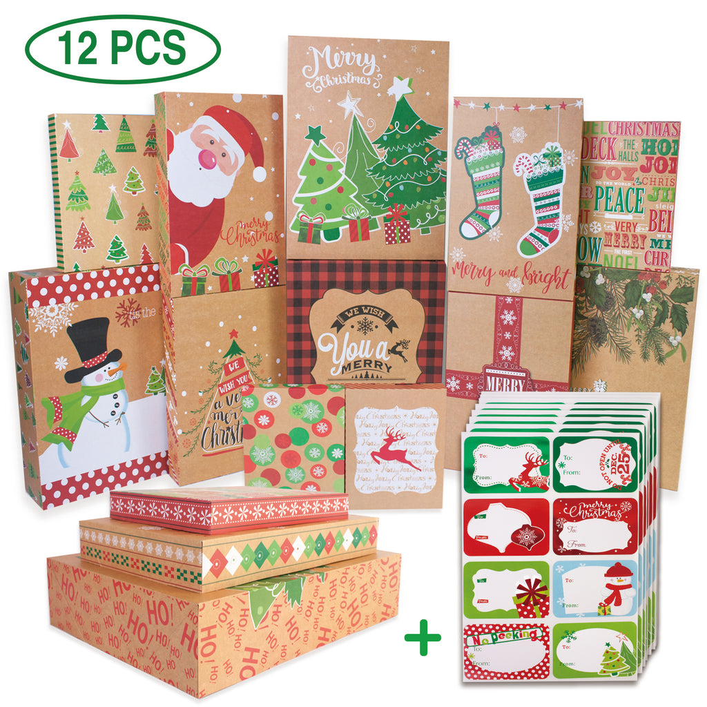 12 Kraft Christmas Gift Boxes with Lids for Clothes and 80-Count Foil ...