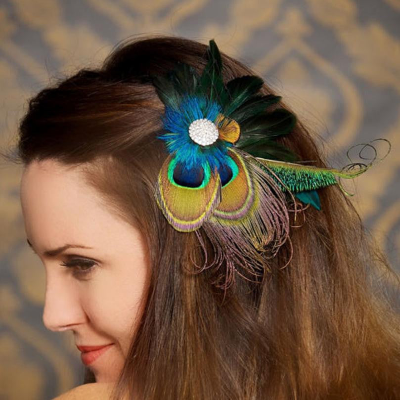 Lady Rhinestones Peacock Feather Bridal Weddings Hair Clip Pin Hairpin