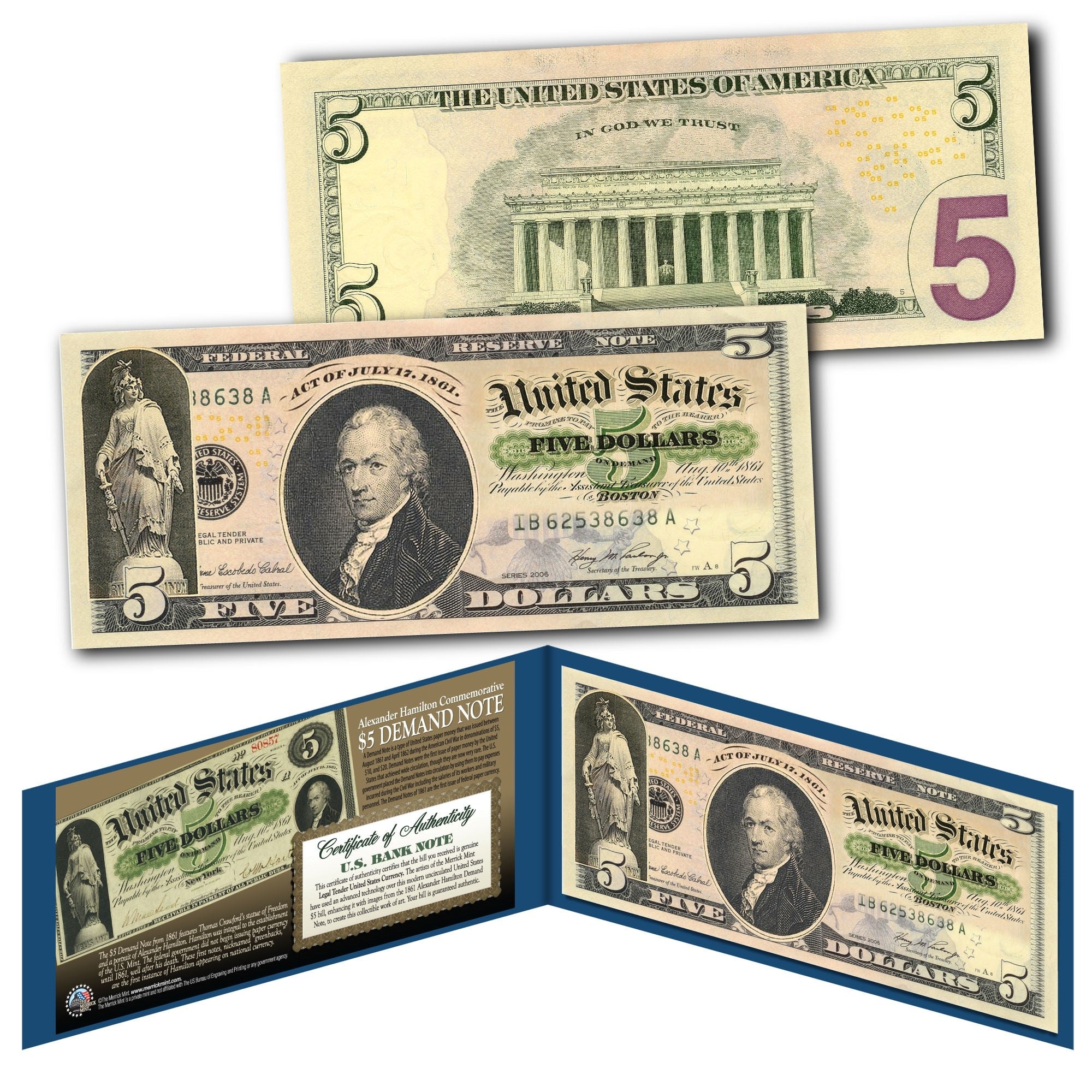 1861 Alexander Hamilton Demand Note Civil War $5 Banknote on Genuine Modern $5 U.S. Bill